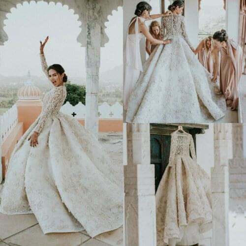 Embroidery High Low Wedding Dresses Bridal Gowns Lace Beads A Line Robe De Mariee Customize Jewel Neck Long Sleeve Wedding Gowns