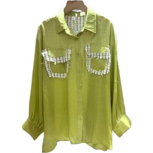 PERHAPS U Women Green Shirt Turn Down Collar Satin Long Sleeve Oversize Plaid Patchwork B0364