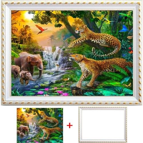 Framed 5D Diamond Painting Kit Leopard Pictures Of Rhinestones Home Decoration Diamond Mosaic Animal Embroidery Wall Art