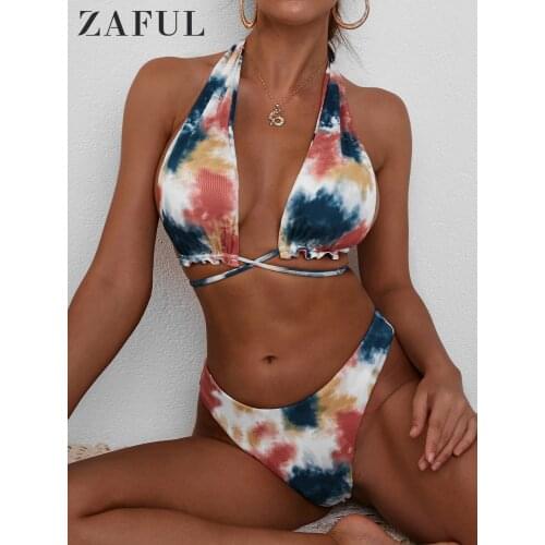 ZAFUL Tie Dye Ribbed Convertible Bikini Set Women Halter Strapless Swimwear Sexy Tie Bandage Swimsuit Female Summer Bathing Suit