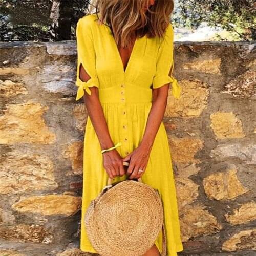 Women Autumn Summer New Deep V-Neck Dress Solid Casual Button Half Sleeve Beach Dress Elegant Fashion Party Long Dress