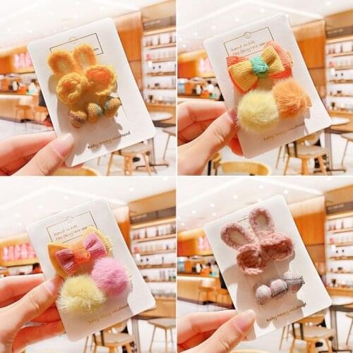 2 Pcs/Set Children Cute Colors Hair Ball Bow Knitting Rabbit Ornament Hair Clips Baby Girls Lovely Hairpins Kid Hair Accessories