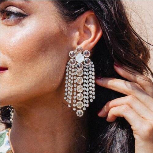 2020 Fashion Full Rhinestone Chain Tassel Earrings Women Luxury Crystal Large Earring Jewelry Wedding Bridal Long Fringe Earring