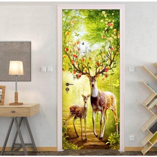 3D PVC Waterproof Door Sticker Forest Deer Bathroom Door Decoration Photo Mural Wallpaper Door Stickers Home Decor Self-adhesive
