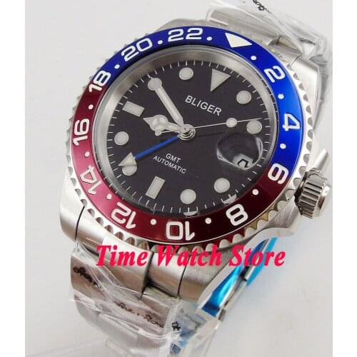 40mm Bliger black dial Luminous blue GMT hand sapphire glass Automatic movement Mens watch 175