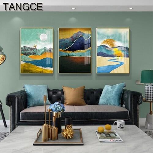 Abstract Forest Sun Deer Canvas Painting Luxury Golden Foil Poster Print for Living Room Cuadro Tableaux Big Wall Art Decoration