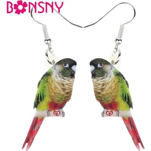 Bonsny Acrylic Cute Green Cheek Parrot Bird Earrings Dangle Drop Fashion Animal Jewelry For Women Girls Party Gift Decorations