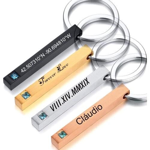 Four Side Engraved Stainless Steel Bar Keychain Customized Keyring for Women Men Couples Lovers Unisex Gifts