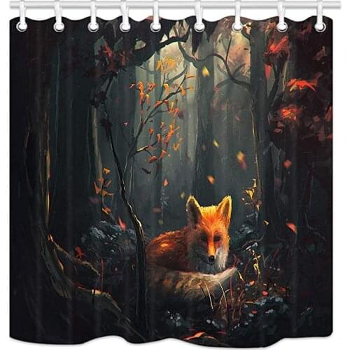 Curtains for bathroom Painting Animal Lover Fox in The Forest with 12 Hooks 180X180CM Decor Waterproof Polyester fabric