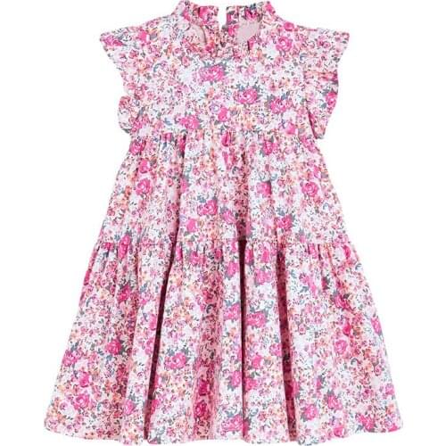 Little Maven New Summer Kids Pink Floral Printed Pastoral Rushed Short-Sleeved O-neck Girls 2-7yrs Cotton Knitted Cute Dresses