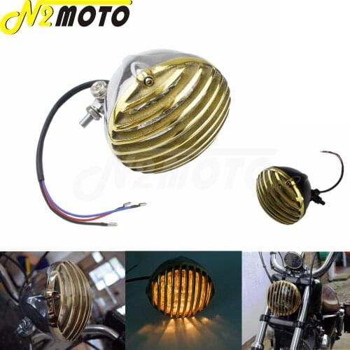 12V Motorcycle Vintage Brass Grille Headlight For Harley Cafe Racer Bobber Chopper Honda Yamaha Suzuki Custom Scalloped Headlamp