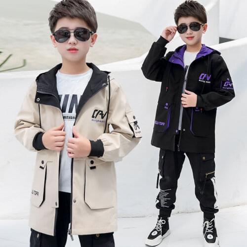 Spring & Autumn Jackets For Boy Fashion Polyester Double Layer Coat Handsome Casual Hooded Letters Print Outerwear Kids Clothes