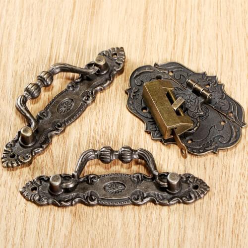 Furniture Cabinet Pull Handle+1Pc Antique Bronze Jewelry Box Chinese Old Lock+1Pc Box Latch Hasp Retro Hardware Accessories