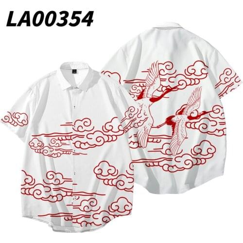Men Shirt White Cloud Crane Print Button Short Sleeve Streetwear Hawaiian Shirt Summer hip Hop Male Top camisa hombre