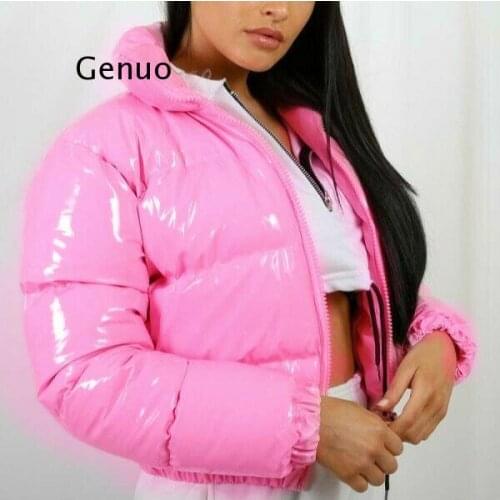 Autumn Winter Women Bright Pu Puffer Jackets Warm Bubble Coat Down Parkas Outcoat Zipper Jacket Cute Pink Cropped Parkas Xxl