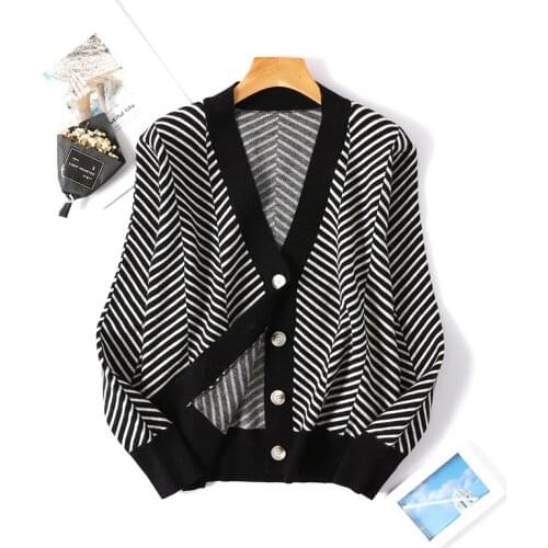 Gkfnmt Autumn Cardigan Sweater Jacket V-neck Single Breasted Cardigans Striped Patchwork Argyle Knitted Tops