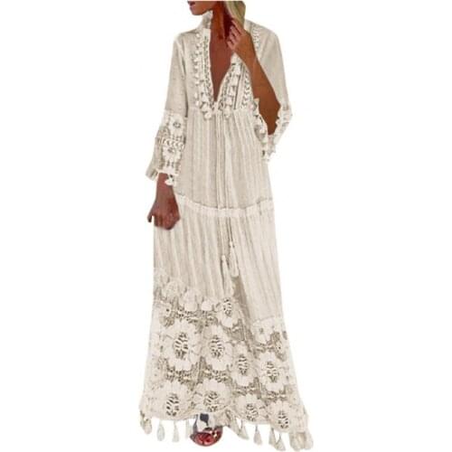 Casual White Dress Long Sleeve Dress Fashion Bohemian Large Size V-Neck Solid Color Lace Tassel Long Dresses vestido de mujer