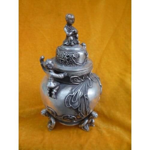 Rare Old QingDynasty Silver Incense Stove\Censer,carving lovely boys,Decoration, free shipping