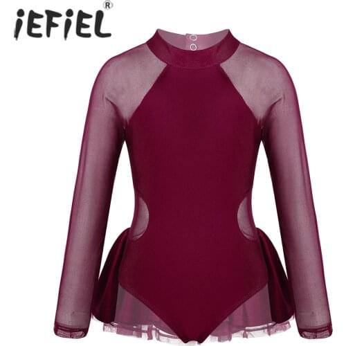 Teen Kids Sheer Tulle Splice Open Back Ruffle Trimmings Girls Ballet Dance Contemporary Dancewear Gymnastics Leotard Tutu Dress