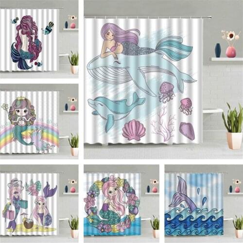 Cartoon Mermaid Shower Curtain Long Hair Girl Blue Whale Animal Children Bathroom Waterproof Wall Hanging Curtains Home Decor