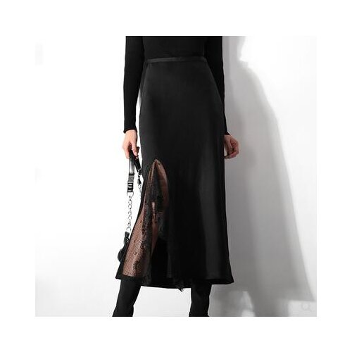 Womens autumn black patchwork lace mid length A-line skirt ladys package hip one step chic pure color cotton skirt TB3787