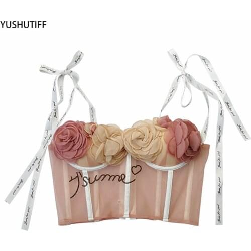 Lace Up Flowers Sweet Female Corset Top With Cups Women Cropped Night Club Party Sexy Crop Top Push Up Bustier Cami Built in Bra