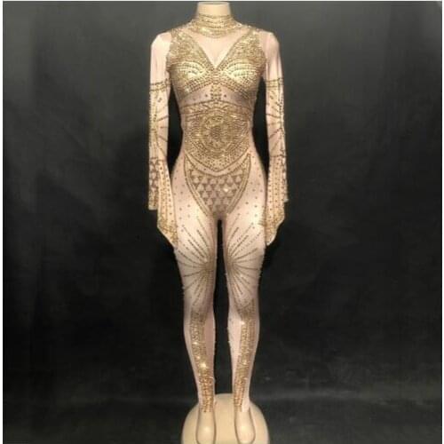 Women Rhinestones Sexy Jumpsuit Sparkling Crystals Nightclub Party Dancer Singer High-end Bodysuit Stage Wear Costumes DJ DS