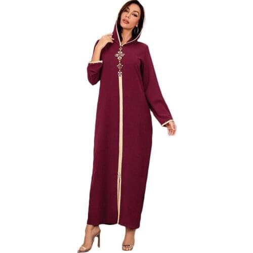 Diamond Dress Womens 2021 Muslim Clothes Fashion Elegant Summer Fall Dubai Hijab Solid Color Beaded Hooded Long Sleeve Dresse