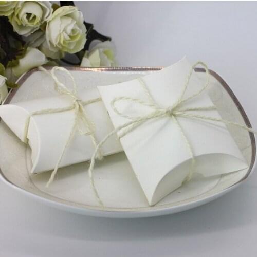 100 x White Wedding Favors Pillow Style Candy Boxes package Paper Gift Boxes + White Linen Rope