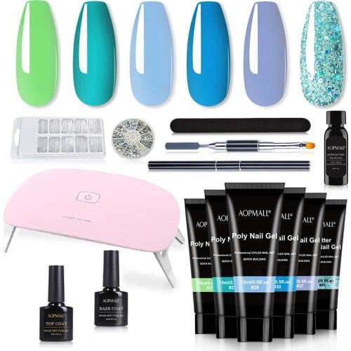 6 Color Blue-Green Series Poly Nail Gel 14 Pcs Nail Kit with UV/LED Lamp Acrylic Extension Nail Art Tools Set