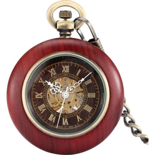 Red Sandalwood Bronze Automatic Mechanical High End Pocket Watch Male Roman Digital Dial Female Silver Chain Pendant Clock Gift