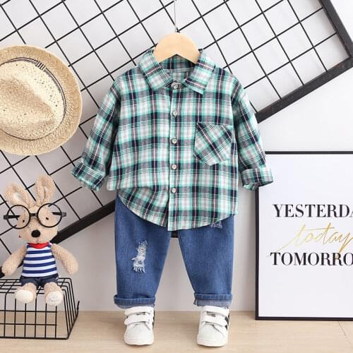 Spring Autumn Cotton Children Baby Boys Clothes causal Shirt Lattice jeans Pants 2Pcs/sets Infant Kids Fashion Toddler Tracksuit