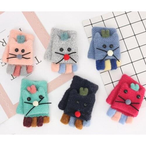 4-9 years old children cartoon warm gloves primary school cute kitten knitted half finger flip gloves winter cold gloves D95