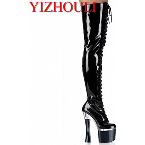 7 Inch Sexy Thigh Hi Boot Party Queen Ladies Platform Stretch High Heel Boots Black Classic 18cm Sexy Dancing Boots