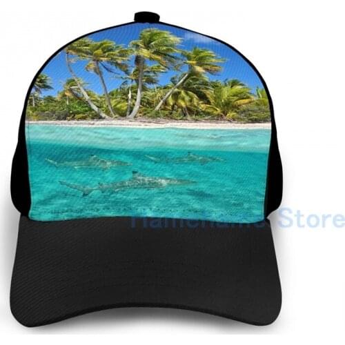Fashion Over and under the sea tropical shore with sharks Basketball Cap men women Graphic print black Unisex adult hat