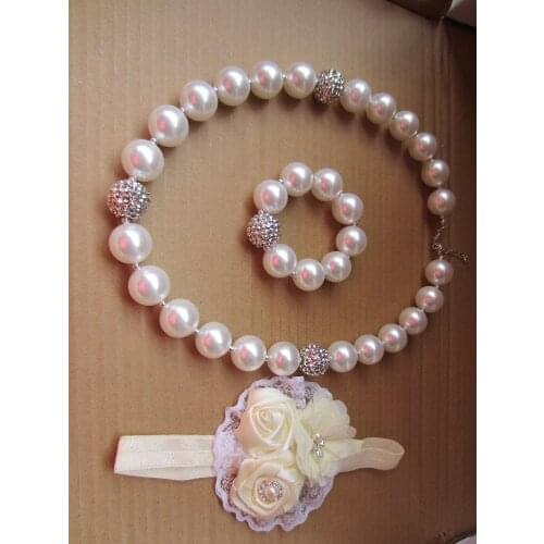 New Style Girls Pearl Necklace+Bracelet+Hairbands Sets Jewelry Kids Cute Outfit Chunky Beads Strand Pearl Necklace Birthday Gift