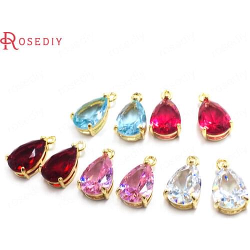 10PCS 8x12MM 24K Champagne Gold Color Brass and Glass Tear Drop Shape Charms Pendants Jewelry Making Supplies Diy Accessories