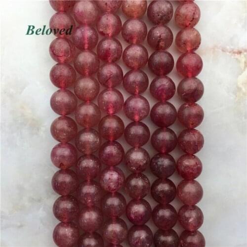 Boho Polished Round Red Strawberry Crystal Loose Beads, 15.5" Raw Quartz Gems Stone Drilled Bead For Gifts Making, BG18138