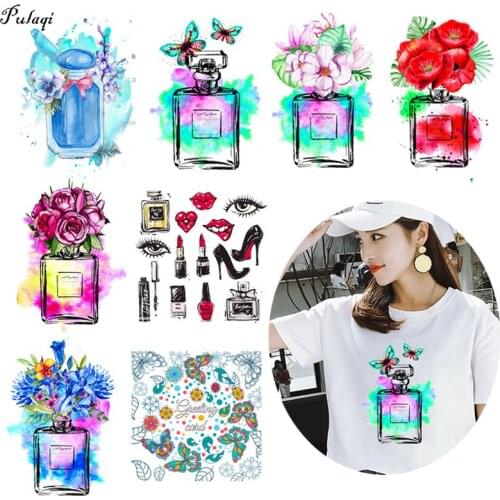 Pulaqi Perfume Bottle Iron On Heat Transfer Vinyl Flowers Iron Thermal Stickers On Girl T-shirt Patches For Clothes DIY Applique