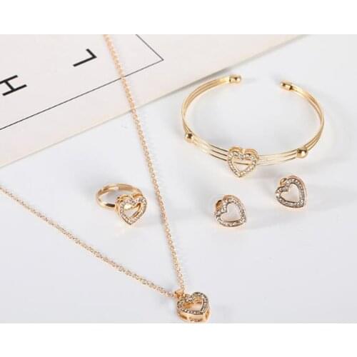 Hot 4 Pcs/ Set Cute Heart Shaped Neclace Earrings Sets Jewelry Crystal Kid Children Lovely Gold Color Jewelry Sets for Girl Gift