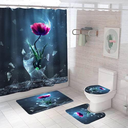 Waterproof Bathroom Shower Curtain Flower Toilet Cover Non-Slip Bath Mat Rug Carpet Set Polyester Fabric Washable Home Decor