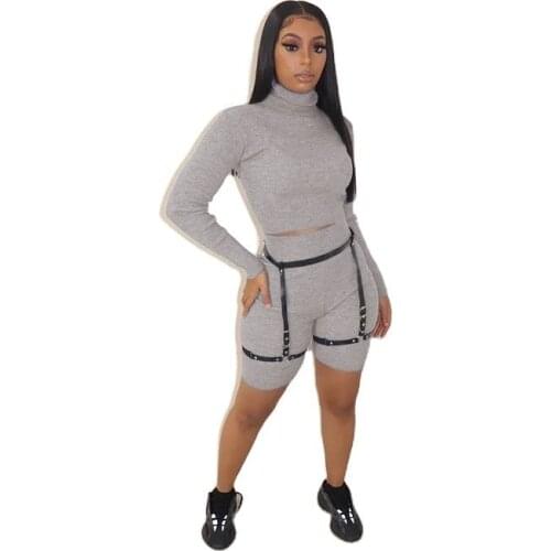 Autumn Winter Knitted Rib Solid Two Piece Set Women Casual Turtleneck Long Sleeve Crop Top + Biker Shorts Slim Matching Set