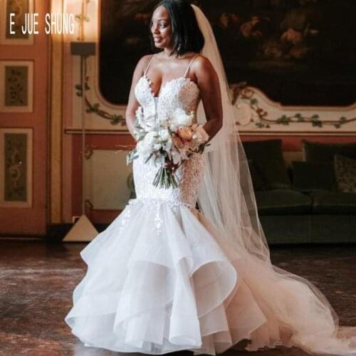 E JUE SHUNG African Mermaid Wedding Dresses Sexy Spaghetti Straps Appliques Lace Up Back Ruffles Bridal Gowns Vestios De Novia