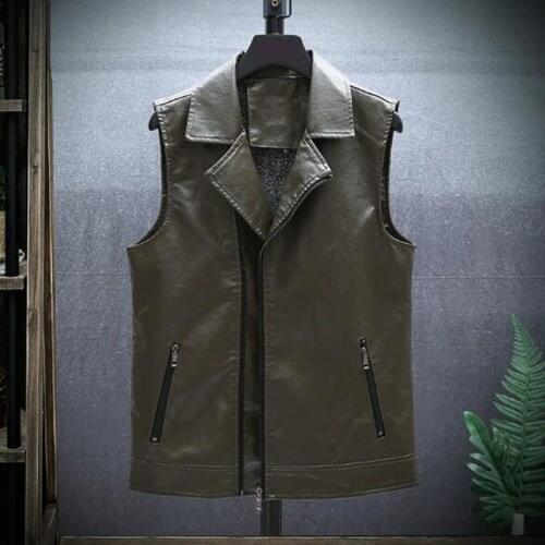 Sleeveless PU Leather Vest Mens Fashion Zipper Vest Motorcycle Leather Vest With Velvet Coat