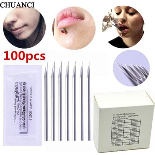 100PCS Piercing Needle Surgical Steel Disposable Body Piercing Needles E.O.Gas Sterilized Permanent Makeup Needles 12-20G