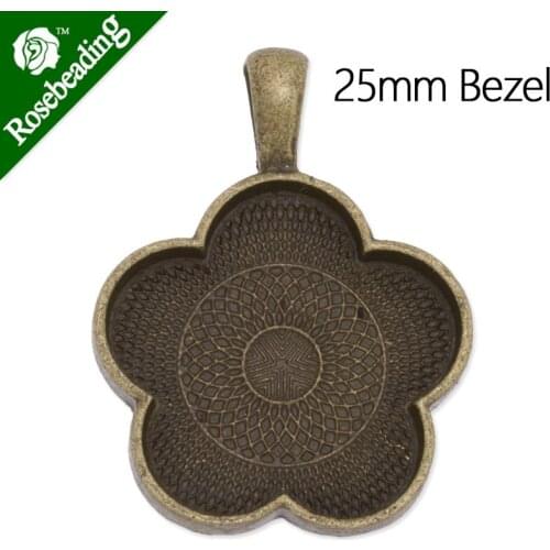 25mm Antique Bronze plated flower shape Zinc Alloy Cabochon Base Setting Pendants,cabochon bezel settings,sold 20pcs/lot-C3595