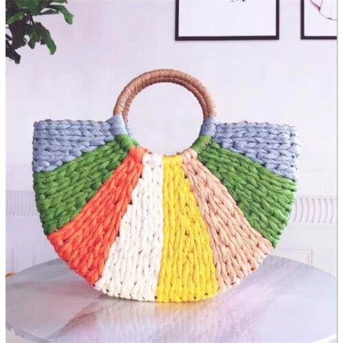 38x23CM New Female Summer Straw Bag Handbag Mixed Color Woven Bag a6226