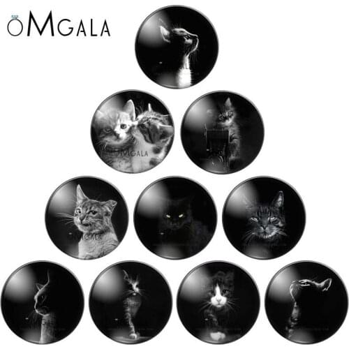 Black White Color Cute Cats Patterns 10pcs 8mm/10mm12mm/18mm/20mm/25mm Round photo glass cabochon demo flat back Making findings