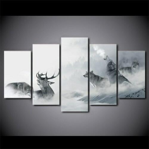 Home Decor Canvas Print 5 Pcs HD White Howling Wolf Group Deer Painting Wall Art Modern Pictures Living Room Modular No Frame