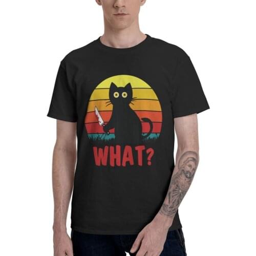 Mens Vintage Black Psycho Cute Cat What T-Shirt Murderous Cat With Knife Halloween Tshirt Short Sleeve Cool T Shirt Cotton Tee
